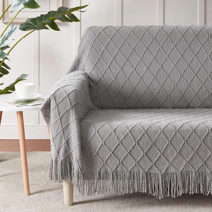 BOURINA Light Grey Throw Blanket 60x80 Inch Knitted Soft Throw Sofa Blanket | Knitted Throw Blanket 60x80 Inches, Soft Lightweight Boho Weave Throw Decorative Couch Blanket for Living Room Bedroom Chair
