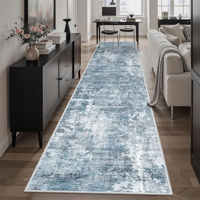Soalmost Hallway Runner Rug 2'6" x 12' Kitchen Rugs Abstract Blue/Grey | Non-Slip Vintage Long Runners 2.5x12ft for Bathroom Entryway, Thin Low-Pile Foldable Floor Carpet Mat for Corridor Bedroom
