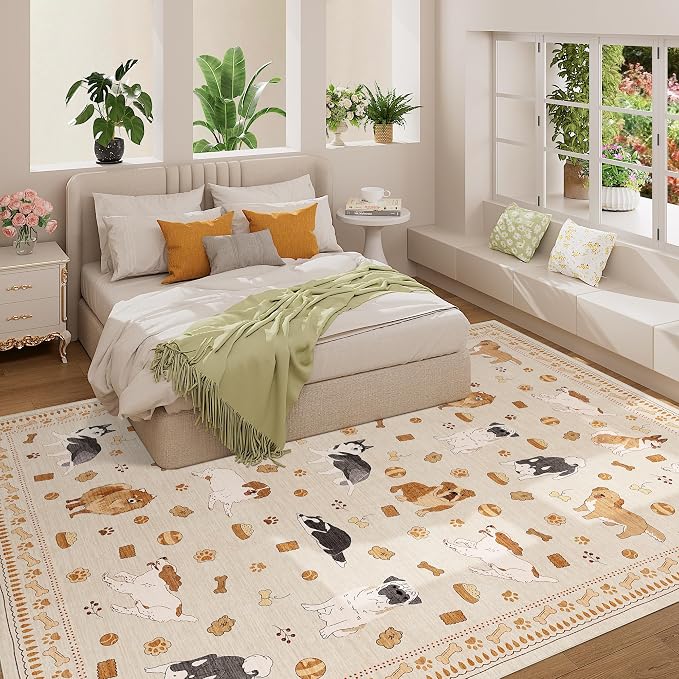 DUKINO 8x10 Area Rug, Washable Dog Rugs for Living Room Soft, Beige Yellow | Non Slip, Low Pile, Non-Shedding, Stain Resistant Animal Carpet for Bedroom Dining Room Nursery Farmhouse, Pet & Kid Friendly