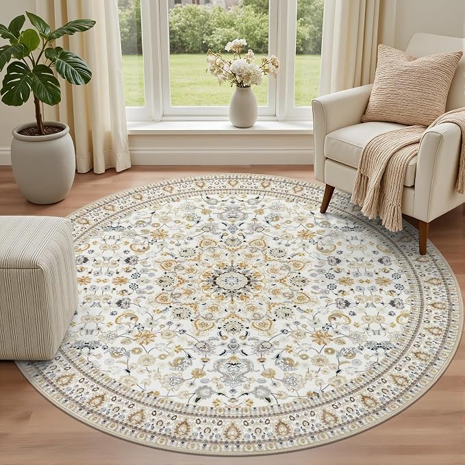 Round Area Rug for Living Room: 8 ft Washable Vintage Boho Soft Thin Circle Rug Indoor Floor No Slip Stain Resistant Carpet for Bedroom Dining Room Farmhouse Nursery Home Office - Beige