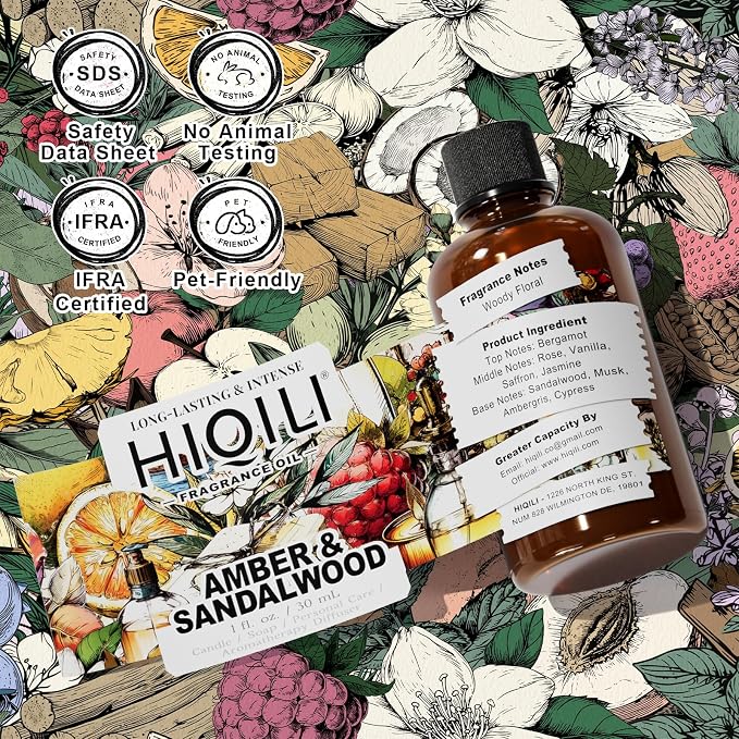 HIQILI Amber & Sandalwood Fragrance Oil for Diffuser, DIY Candle & Soap Making, Add to Body Lotion, Long-Lasting Scents - 1 Fl Oz