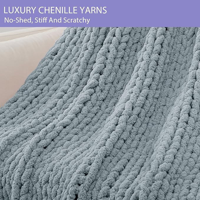 Bigacogo Chunky Knit Throw Blanket for Couch, 40x40 inches, Dusty Blue | Hand Knit with Jumbo Chenille, Soft Breathable Cable Knit for Sofa Bed Living Room, Machine Washable, Gift for Mom Friend