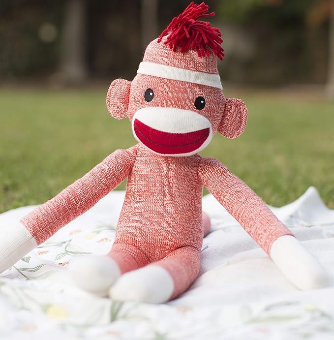 Plushland Adorable Sock Monkey, The Original Traditional Hand Knitted Stuffed Animal Toy Gift-for Kids, Babies, Teens, Girls and Boys Baby Doll Present Puppet 20 Inches (New Orange)