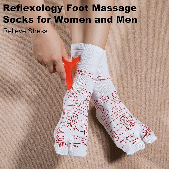 Reflexology Socks with Beginner Acupoint Massage Tools Set of 5 - Foot Pain Relief Remedy for Foot Massage Rod for Women and Men Tired Relieve (Man-Big-Red)