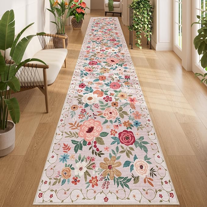 DUKINO 2.6x14 Washable Runner Rug, Floral Non Slip Long Runner Rug, Beige | Soft, Low Pile, Ultra Thin Indoor Rug Runner for Hallway, Entryway, Kitchen, Bedroom, Bathroom, Pet Friendly, Home Decor