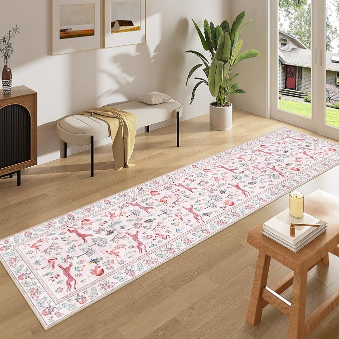 DUKINO 2x8 Washable Runner Rug, Non Slip Animal Kitchen Runner Rug, Pink | Soft, Low Pile, Non-Shedding Indoor Carpet Runner for Hallway, Entryway, Bedroom, Bathroom, Pet Friendly, Stain Resistant