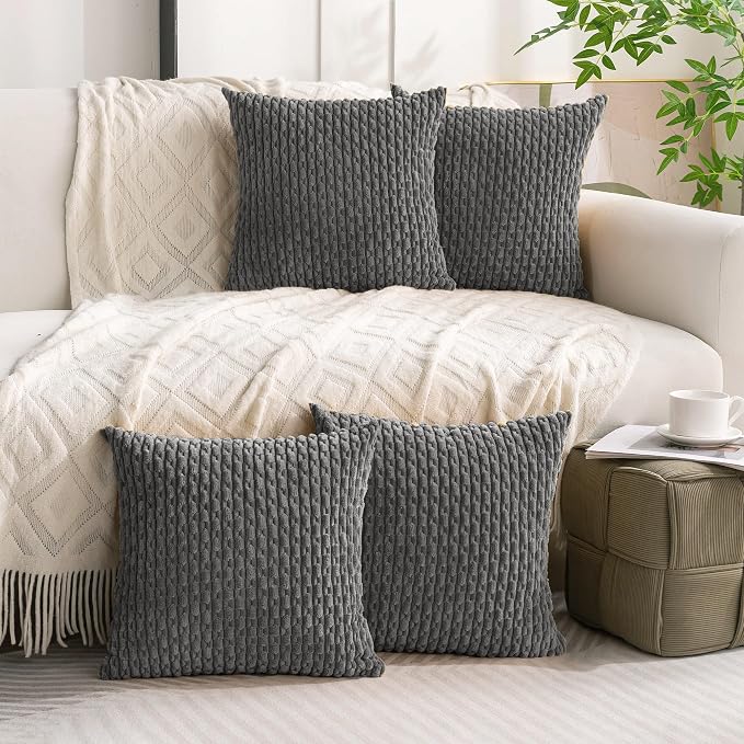Set of 4 Dark Grey Decorative Throw Pillow Covers 26x26 Inch Corduroy Pillow Covers for Bed Couch Sofa Living Room Soft Square Cushion Cases