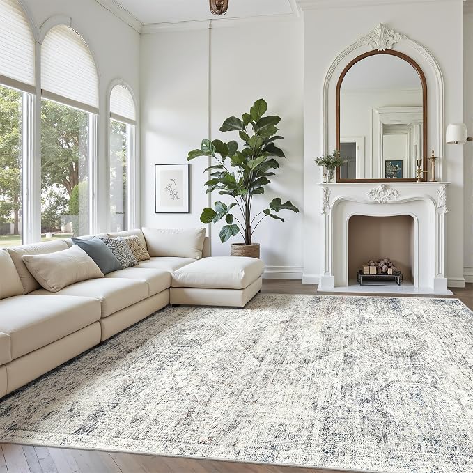 Soalmost Washable Area Rug 8x10 Large Soft Living Room Rugs Blue/Ivory | Vintage Non-Slip Carpet for Dining Bedroom, Stain Resistant Low Pile Foldable Lightweight Floor Mat Under Table Home Decor