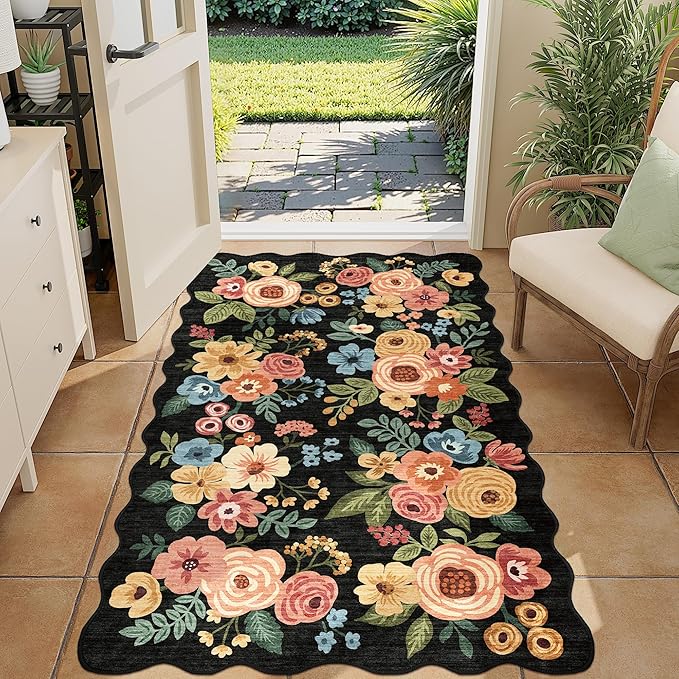 DUKINO 3x5 Area Rugs, Non Slip Floral Washable Rug for Bedroom, Black | Soft, Low Pile, Non-Shedding Throw Rugs for Living Room, Entryway, Kitchen, Kids Room, Pet Friendly, Home Decor, Lightweight