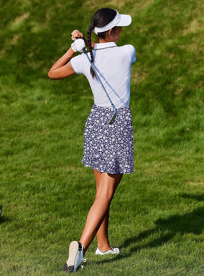 PINSPARK 18" Golf Skorts for Women with 6 Pockets Ruffle Athletic Skort | Above the Knee,High Waist,UPF 50+,4-way Stretch,Lightweight,Ruffle Hem,Tennis,Casual,Work,Pickleball