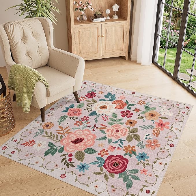DUKINO 4x4 Square Area Rug, Soft Floral Washable Rug for Entryway, Beige | Non Slip, Low Pile, Stain Resistant Indoor Rug for Kitchen, Bedroom, Living Room, Nursery, Pet Friendly, Modern Home Decor