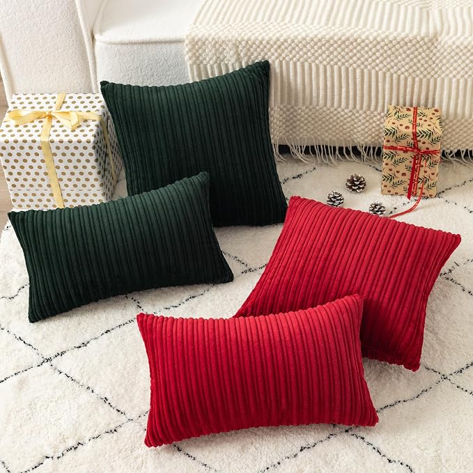 UGASA Velvet 20x20 Inch Soft Throw Pillow Cover Decorative Striped Corduroy Both Sides Solid Square Cushion Case Boho Farmhouse for Couch Bedroom Sofa Home, 1 Piece, New-Dark Green