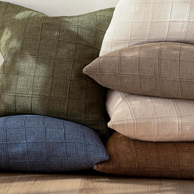 Foindtower Set of 2 Decorative Linen Check Throw Pillow Covers Neutral Farmhouse Vintage Cushion Covers Modern Boho Home Decor for Sofa Chair Couch Bedroom Living Room,22×22 Inch,Tan Taupe