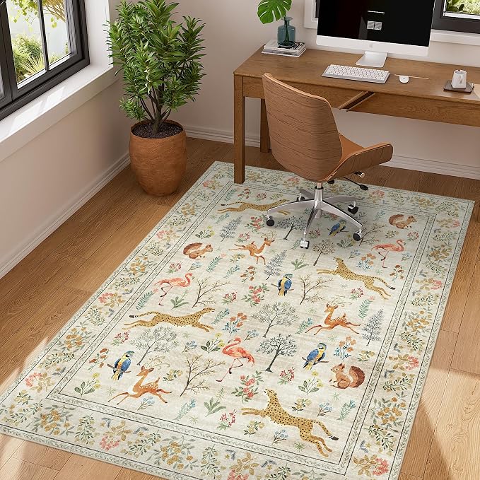 DUKINO 4x5 Area Rug, Washable Animal Rug for Entryway Non Slip, Beige | Low Pile, Soft Indoor Carpet for Bedroom, Kitchen, Office, Kids Room, Farmhouse, Pet Friendly, Stain Resistant, Home Decor