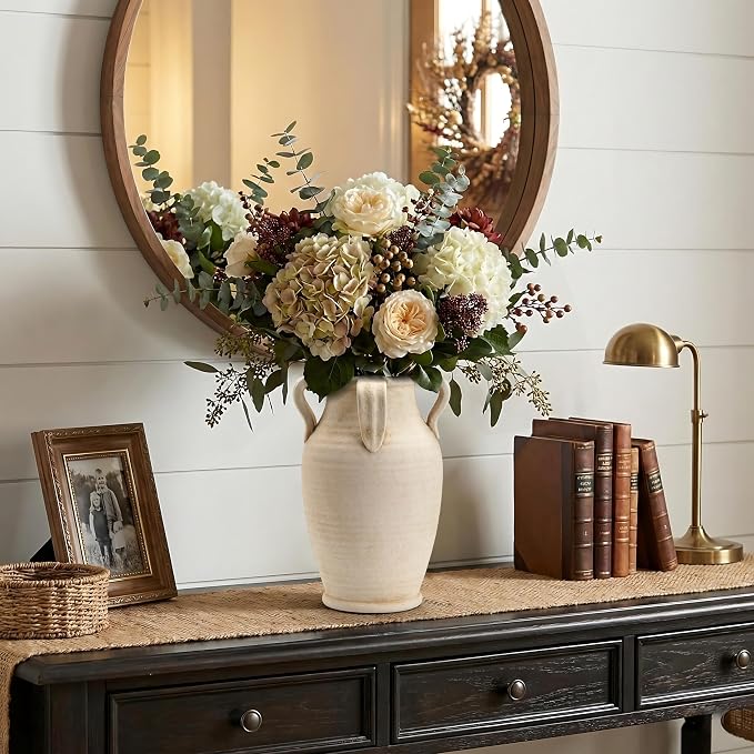 Emotionally Grounded Vase, Vaseking Large Ceramic Rustic Vase with 4 Handles, 10.83 inch Minimalist Decorative Farmhouse Tall Vases for Home Decor, Living Room, Enterway, Table Decoration, Fossil