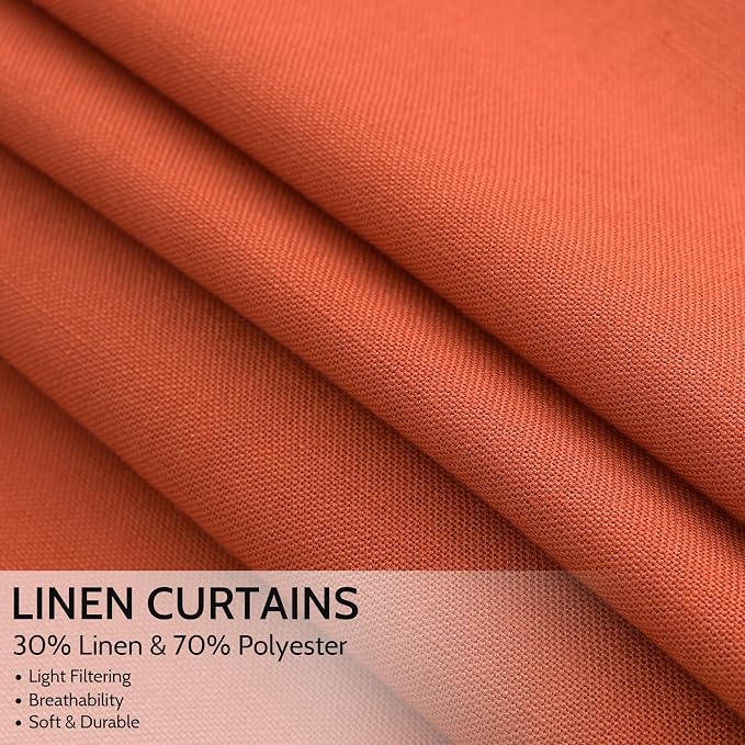 Nanspring Bright Orange Linen Blend Light Filtering Back Tab Curtains 96 Inches Long, Semi Sheer Privacy Drapes for Living Room & Bedroom, 52x96 inch, 2 Panels