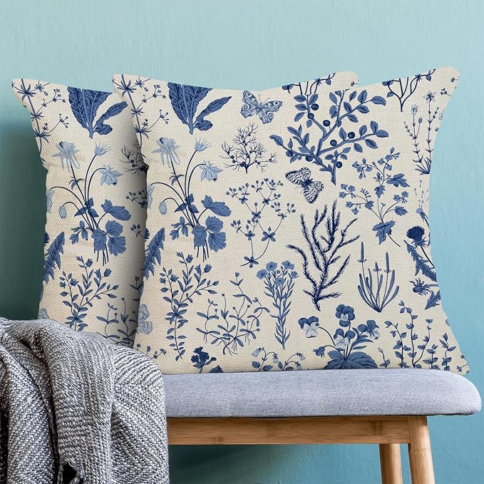AEIOAE Summer Pillow Covers 18x18 Inch Set of 2,Navy Blue Wild Flower Plant Throw Pillows Case,Seasonal Floral Outdoor Decorative Square Linen Farmhouse Decor Cushion Covers for Home Couch Sofa Bed