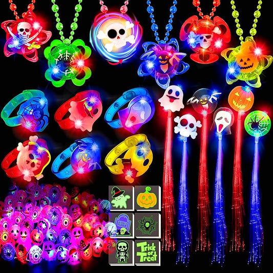 84 Pack Halloween Party Favors, Halloween Toys Gifts for Kids, LED Rotating Necklaces Flash Hair Lights Light Up Bracelets Rings Glow In The Dark Bouncy Ball Temporary Tattoos Halloween Party Supplies