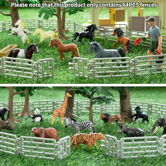Toymany 64PCS Mini Toys Fence for Farm Animals - Tiny Horse Corral Plastic Fencing for Farm Barn Paddock Horses Figurines for Kids Toddlers