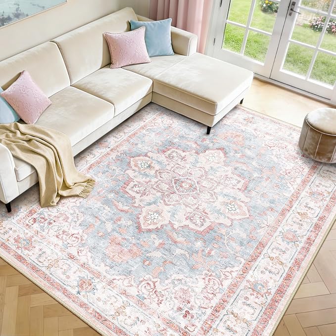 CAPALOCA 9x12 Washable Nursery Girls Low Pile Area Rug Pink Blue | Non-Slip Soft Rugs for Bedroom Kids Playroom Living Room, Print Pattern Water Repellent Carpet Indoor Decor