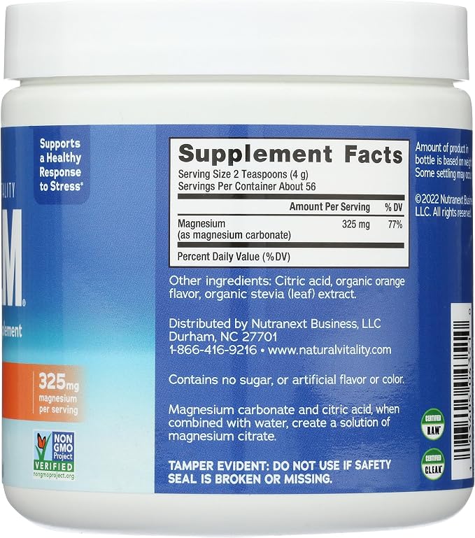 Natural Vitality Calm Magnesium Supplement, Anti-Stress Drink Mix Powder, Gluten Free, Vegan, & Non-GMO, Orange, 8 oz