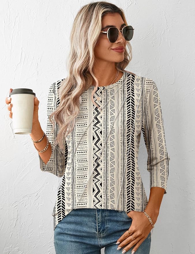 LOMON 3/4 Length Sleeve Womens Tops Spring Summer Fashion 2026 Tops Crew Neck Pleated Shirts Tunic Top Loose Fit