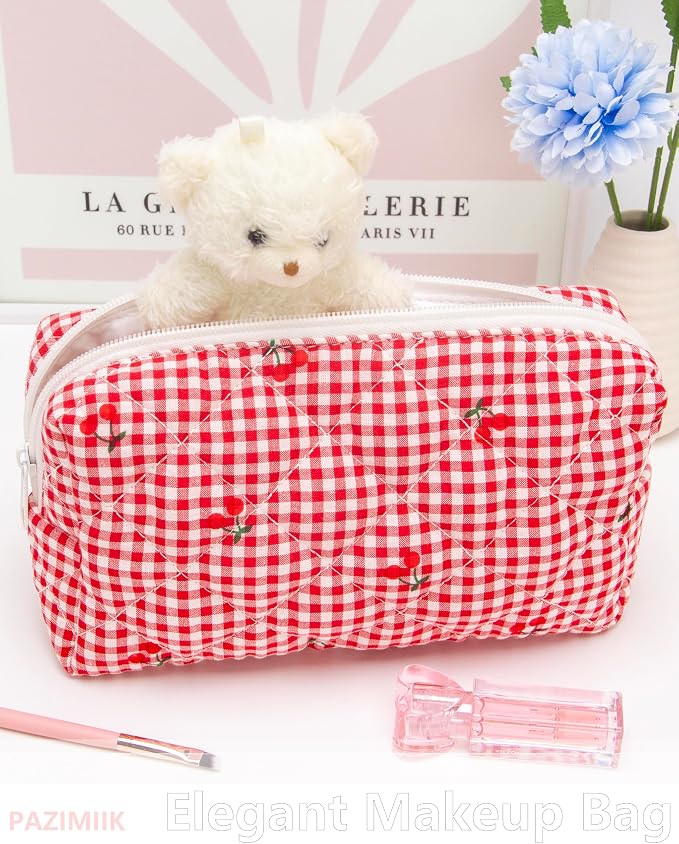 PAZIMIIK Small Quilted Makeup Bag,Zipper Cosmetic Pouch,Gingham Red Cherry | Lightweight Cosmetic Bag Organizer for Women,Purse Storage Holds Makeup,Toiletries,Skincare,Beauty Essentials,Travel Items