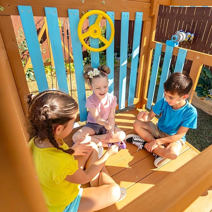 Teamson Kids Laguna Wooden Swing Set with Slide & Climbing Wall, Solid Wood, Natural and Aqua
