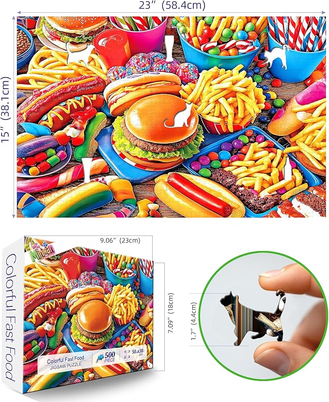 500 Piece Jigsaw Puzzle for Adults - Junk Food Paradise: Burgers, Hot Dogs, Fries & Candy with Unique Shaped Pieces, 23x15 Inch Unique Art Puzzle, Challenging Hard Difficult Puzzles for Adults
