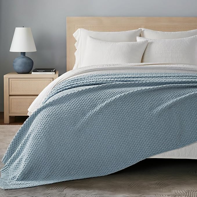 EVERGRACEHOME Chunky Chenille Knit Throw Blanket, 108x92, Chambray Blue | Sculpted Moss Stitch, Chic Modern Farmhouse, All-Season Warmth, OEKO-TEX® Certified, Oversized King for Couch, Bed, Sofa