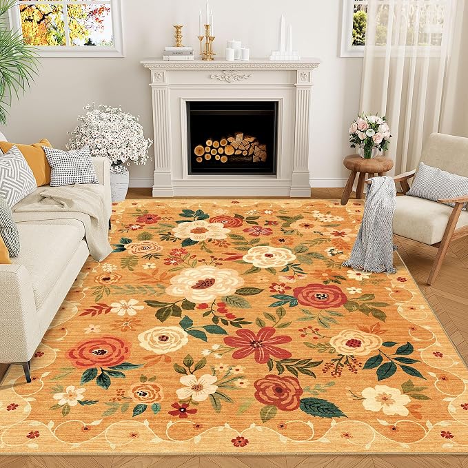 DUKINO 9x12 Area Rug for Living Room, Floral Washable Rug Non Slip, Orange | Soft, Low Pile Indoor Large Rug for Bedroom, Dining Rom, Kids Playroom, Office, Pet Friendly, Modern Home Decor, Non-Shedding