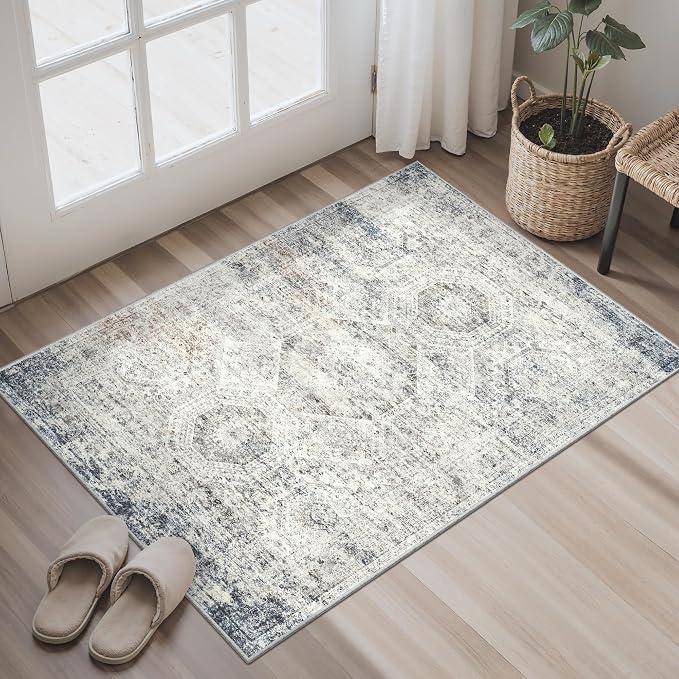 Soalmost 2x3 Washable Rugs for Kitchen, Entryway, Small Area Rug Blue/Ivory | Non-Slip Vintage Low Pile Throw Door Mat For Bathroom Entry Laundry Powder Room, Stain Resistant Indoor Entrance Floor Carpet