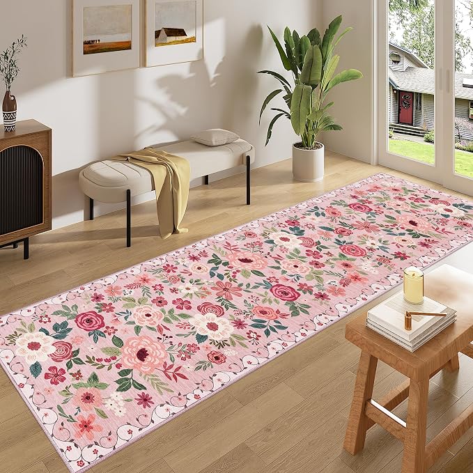 DUKINO 2x8 Runner Rug, Washable Runner Rug for Kitchen Non Slip, Pink | Floral, Low Pile, Soft Indoor Rug for Hallway, Entryway, Bedroom, Bathroom, Pet Friendly, Stain Resistant, Modern Home Decor