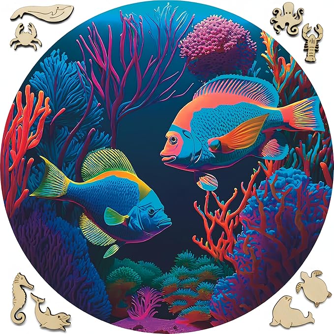 Eco-Friendly Wooden Puzzles for Adults - 300 Piece Wood Puzzles - Relaxation & Brain Training - Whimsical Pieces - Premium Gift Box - Colorful Fishes Jigsaw Puzzle