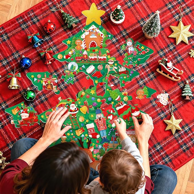 Christmas Puzzles with 48 Large Pieces - Christmas Tree Shaped Floor Puzzle for Party Decorations, Gifts, and Classroom Activities