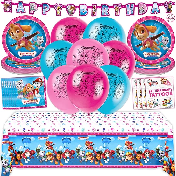 Skye Paw Patrol Birthday Decorations | Serves 16 | Pink Banner, Tablecloth, Balloons, Plates and Napkins, Temporary Tattoos, Sticker | Paw Patrol Party Decorations for Girls