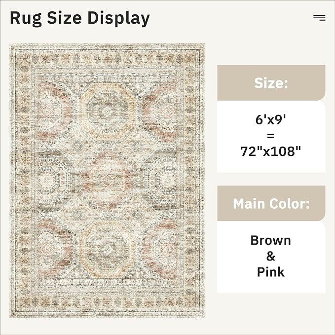 Soalmost 6x9 Area Rug for Living Room Washable Rugs Non-Slip Brown/Pink | Low-Pile Vintage Carpet for Dining Bedroom, Foldable Thin Stain Resistant Floor Mat Under Table Home Office Nursery Decor