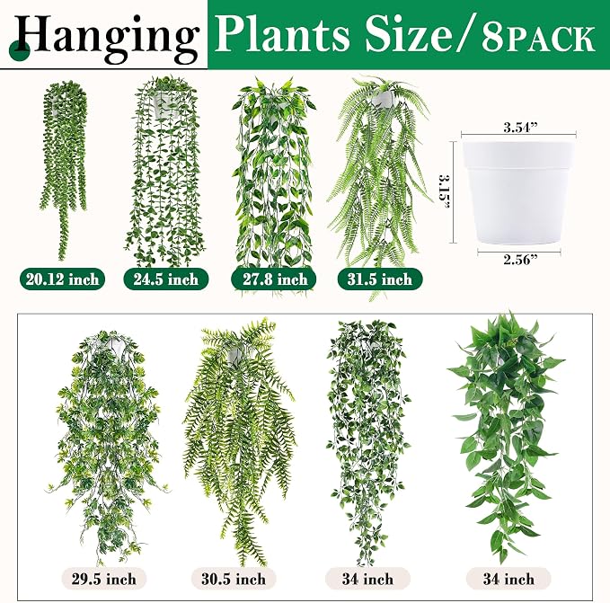Der Rose 8Pcs Fake Hanging Plants with White Pots for Fuller Shelf Decor | Artificial Plants Indoor with mixed trailing greenery brighten bathroom, kitchen, bedroom, shelf and wall decor