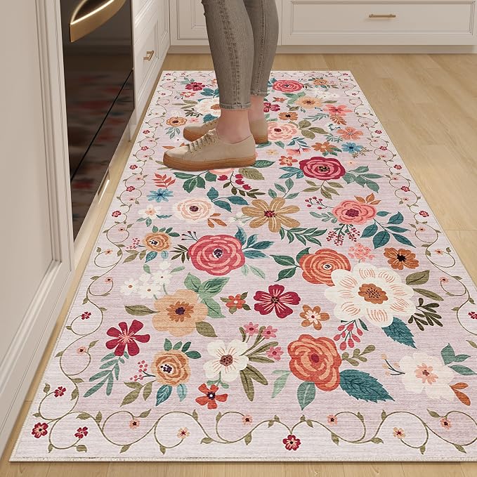 DUKINO 3x6 Runner Rug, Non Slip Floral Washable Rug for Kitchen, Beige | Low Pile, Non Shedding, Soft Thin Indoor Rug for Hallway, Bedroom, Bathroom, Entryway, Laundry, Pet Friendly, Home Decor