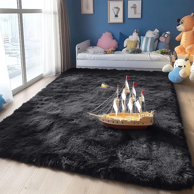 OLANLY 4x10 Area Rugs for Living Room Bedroom, Machine Washable Soft Fluffy Shaggy Bedside Rug, Indoor Floor Carpet for Kids Girls and Boys, Dorms, Nursery Rooms, Home Decor Aesthetic, Black