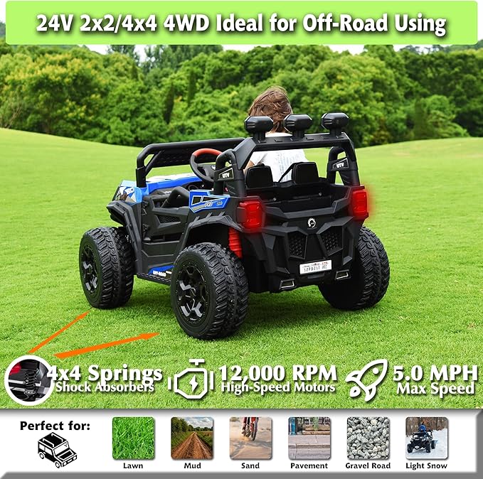 Sopbost 24V Premium 4x4 Ride On UTV for Kids with Remote Control, Electric Off-Road Truck with EVA Rubber Tires, 2WD/4WD Switch, Music & LED Lights, Battery Powered Car for Big Kids Ages 3–8 (Blue)