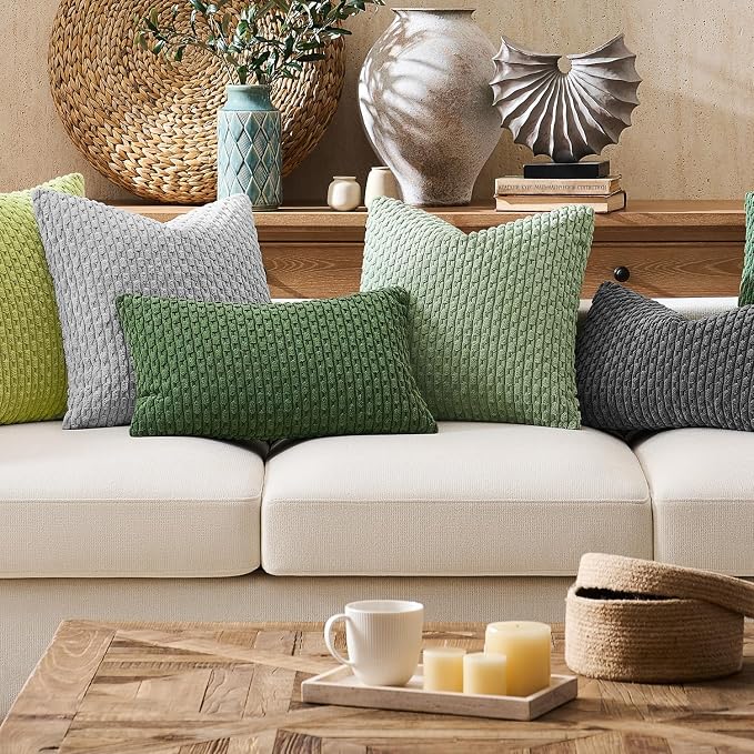 Kevin Textile Soft Corduroy 12"x24" Lumbar Pillow Cover 1 Pack, Sage Green | Boho Stripe Plush Corduroy Decorative Oblong Cushion Cover Modern Farmhouse Home Decor for Sofa Couch Bed Chair