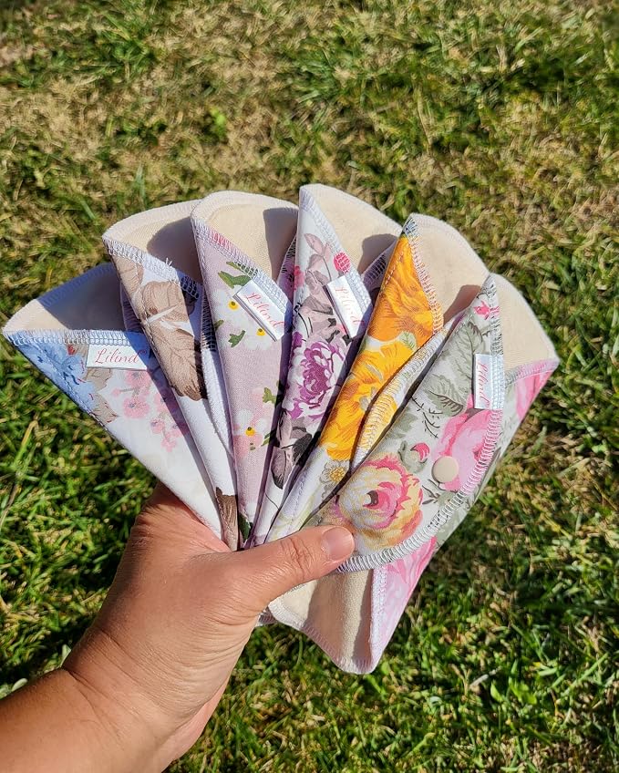 Lilind® 6 Pack Everyday Pantyliners, Organic Cloth Pads, Reusable Menstrual Sanitary Napkins, 100% Cotton, Random Flowers