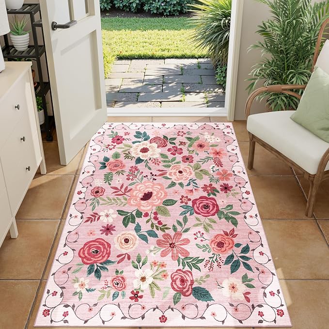 DUKINO 3x4 Area Rug, Floral Washable Rug for Kitchen Non Slip, Pink | Low Pile, Soft, Stain Resistant Indoor Rug for Entryway, Bedroom, Bathroom, Laundry, Pet Friendly, Home Decor, Lightweight