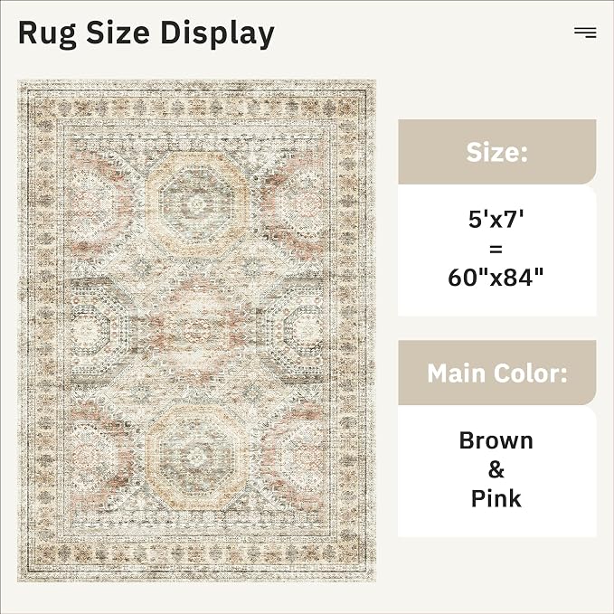 Soalmost 5x7 Area Rugs Brown/Pink Low Pile Washable Trendy Faded Style Rug | Vintage Non-Slip Indoor Accent for Bedroom Dining, Foldable Stain Resistant Floor Carpet Mat Under Table Home Office Decor