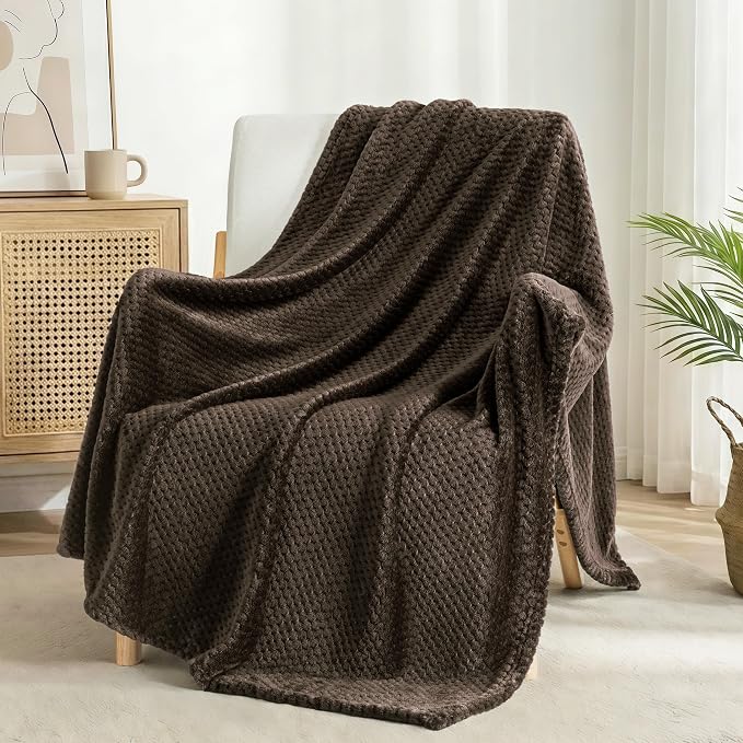Exclusivo Mezcla Soft Waffle Fleece Bed Blanket Twin XL Size, Coffee | Lightweight Plush Blanket for Bed, Couch, Sofa, Cozy Fluffy Design for Bedroom, Guest Room, All Season, 90x66 Inches