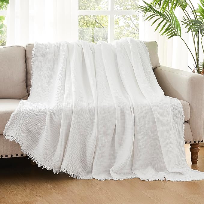 WDCOZY Muslin Throw Blanket 100% Cotton Blankets 4-Layer Breathable Lightweight Soft for Couch Boho Farmhouse Linen Tassels Ruffle Gauze Blankets All Season for Adults 50x60 Inches White