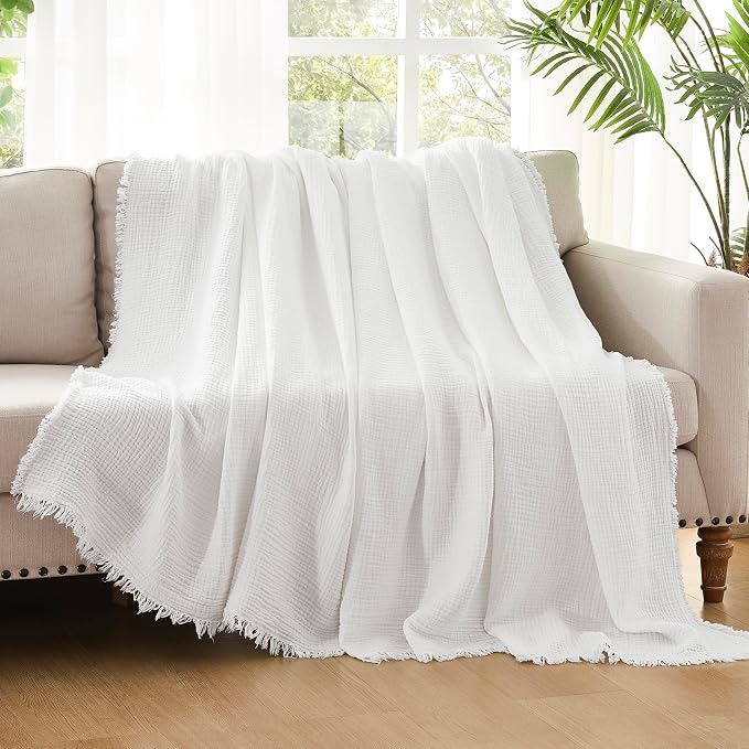 WDCOZY 100% Cotton Muslin Blanket King Size 4-Layer for Bed Breathable Lightweight Soft Large Boho Farmhouse Linen Tassels Ruffle Gauze Blankets All Season for Adults 108x90 Inches White