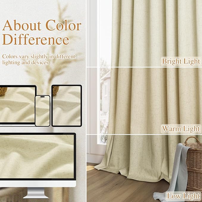 Guken 100% Blackout Linen Curtains for Bedroom 84 inches Long, Thermal Insulated Room Darkening Black Out Drapes for Living Room, Back Tab Rod Pocket 2 Panels Set,Cream Yellow,52x84