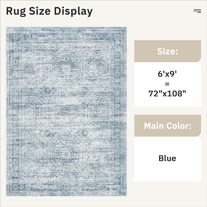Soalmost 6x9 Area Rug for Living Room Washable Rugs Non-Slip Blue | Low-Pile Vintage Carpet for Dining Bedroom, Foldable Thin Stain Resistant Floor Mat Under Table Home Office Nursery Decor